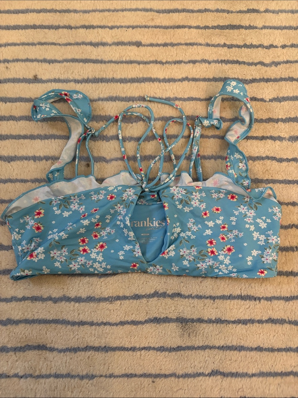 Frankie's Bikinis Teal Blue Floral Lace-Up Bikini Top